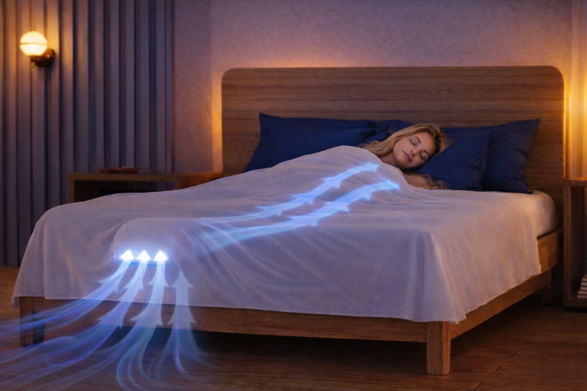 Person sleeping comfortably with Fantail bed fan cooling the bed